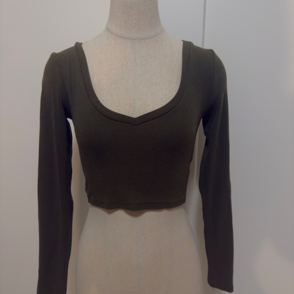 Garage Dark Olive Long Sleeve Crop Top